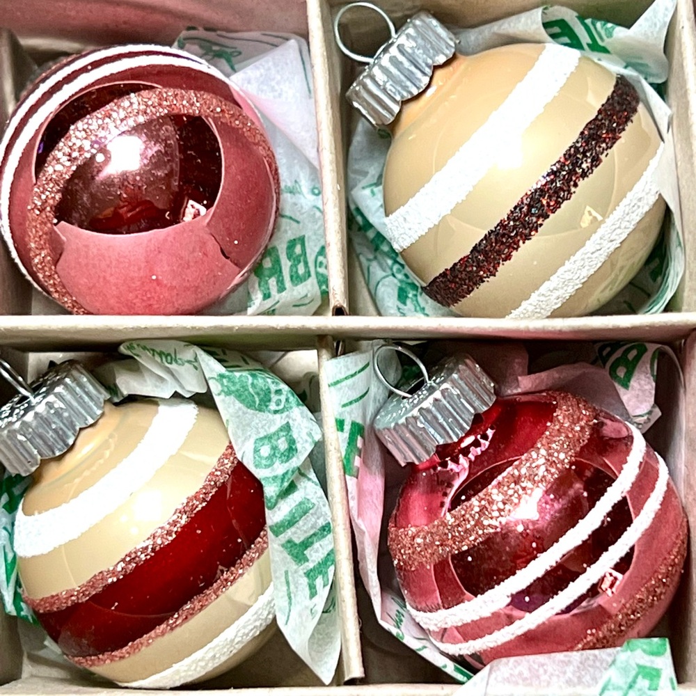 20 Christmas Radko Glass Ball Ornaments Burgundy Beige White Pink Glitter Stripe - Picture 12 of 15